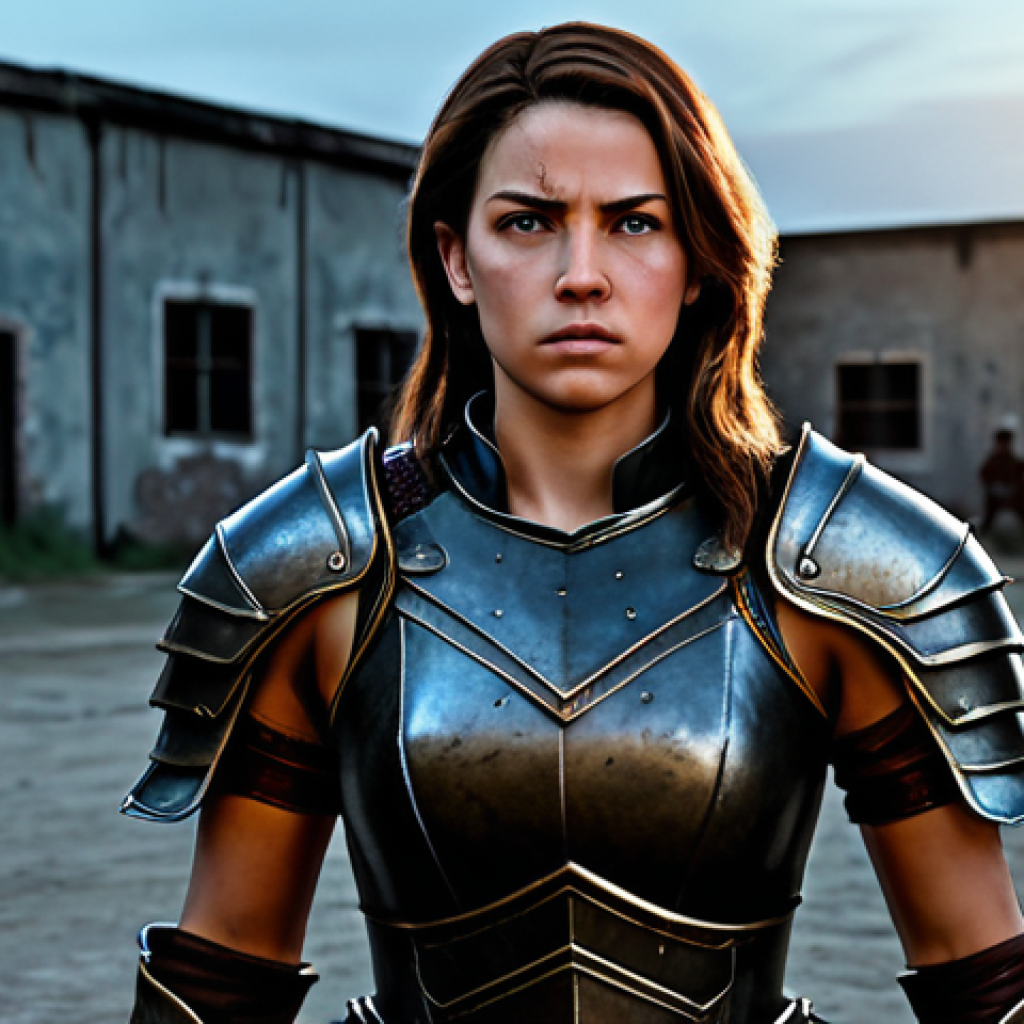 Character Backstory & Design**

"A determined female warrior, fully clothed in practical, slightly worn leather armor, standing in a training yard at dawn, safe for work, appropriate content, perfect anatomy, natural proportions, well-formed hands, proper finger count, modest clothing, professional digital art, dramatic lighting, emphasizing her strong facial features and scarred hands, background shows other warriors training, family-friendly."

**
