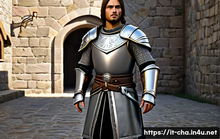게임 캐릭터 의상 디자인 - A highly detailed digital 3D character wearing historically inspired medieval armor with intricate f...