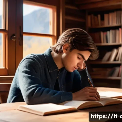 유명 작가와 캐릭터 창작법 - A thoughtful young writer sitting at a vintage wooden desk in a cozy, sunlit mountain cabin, surroun...
