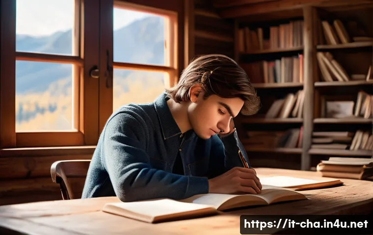 유명 작가와 캐릭터 창작법 - A thoughtful young writer sitting at a vintage wooden desk in a cozy, sunlit mountain cabin, surroun...