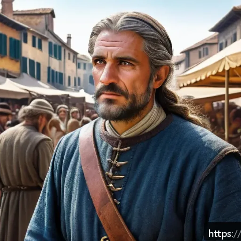 게임 NPC 캐릭터 매력 - A detailed portrait of a nervous medieval merchant NPC in a bustling fantasy market square, wearing ...
