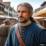 게임 NPC 캐릭터 매력 - A detailed portrait of a nervous medieval merchant NPC in a bustling fantasy market square, wearing ...