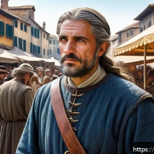 게임 NPC 캐릭터 매력 - A detailed portrait of a nervous medieval merchant NPC in a bustling fantasy market square, wearing ...