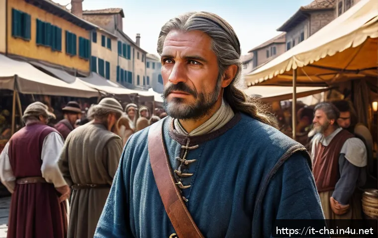 게임 NPC 캐릭터 매력 - A detailed portrait of a nervous medieval merchant NPC in a bustling fantasy market square, wearing ...