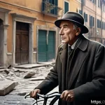 캐릭터의 명대사 모음 - A cinematic scene inspired by Italian neorealist films: a post-World War II urban street setting in ...